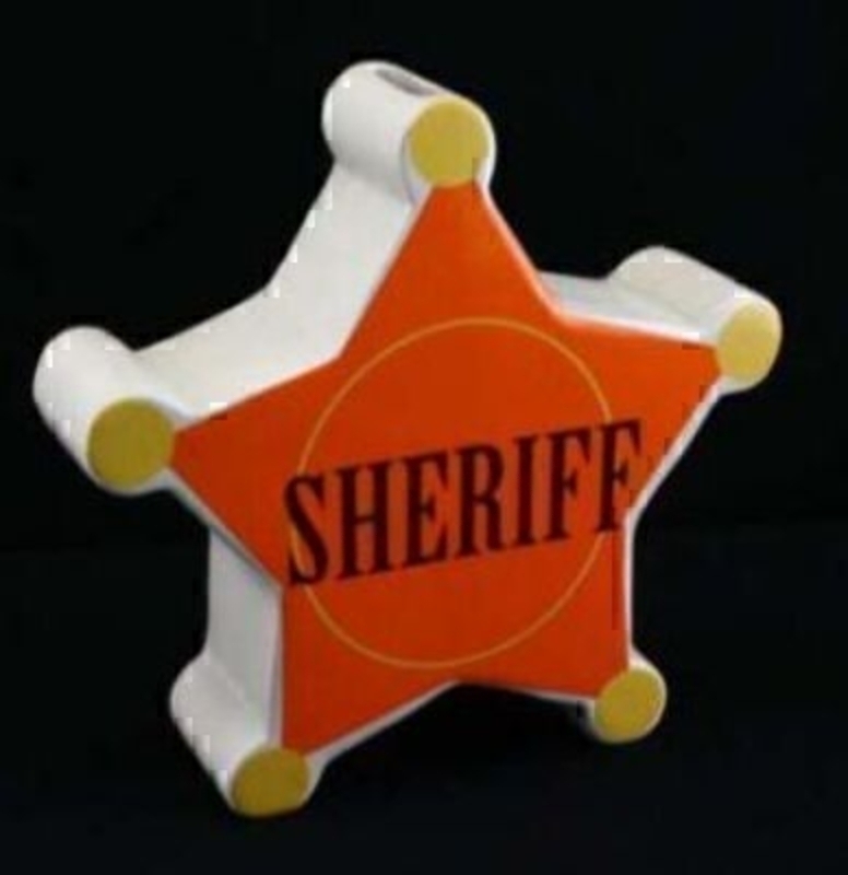 Ceramic Moneybox in the shape of a sheriff star by Gisela Graham. A great gift to encourage boys to save their pocket money. Size 15x15x4.5cm